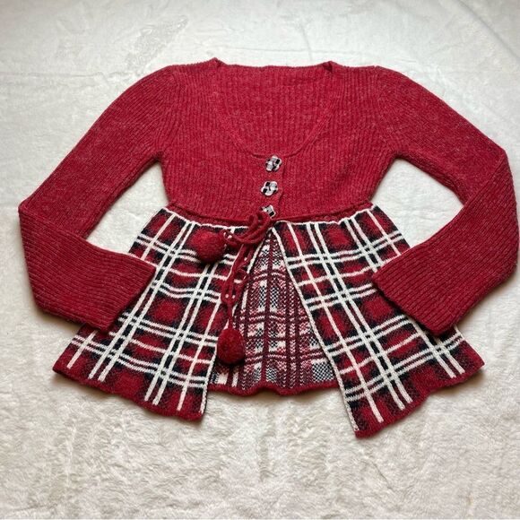 Sevilen Knit Red Bodice With Plaid Bottom Cardigan Sweater - Picture 1 of 10
